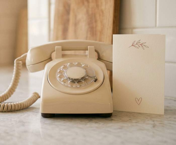 A cream desk telephone on a kitchen counter, beside a handwritten card propped against a jar.